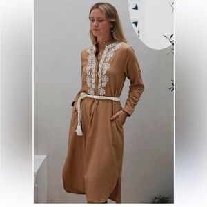 Ex Voto Ivy Embroidery Caftan Long Sleeve Midi Dress Size S In Doe Tan